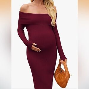Off-Shoulder Burgundy Maternity Sweater Dress long sleeve bodycon Midi